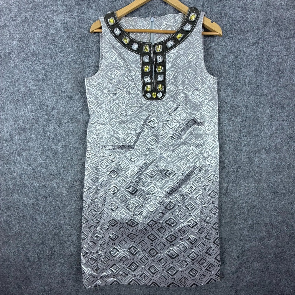 Vintage Tory Burch Shift Dress Womens 12 Silver Metallic Geometric Jeweled Neck